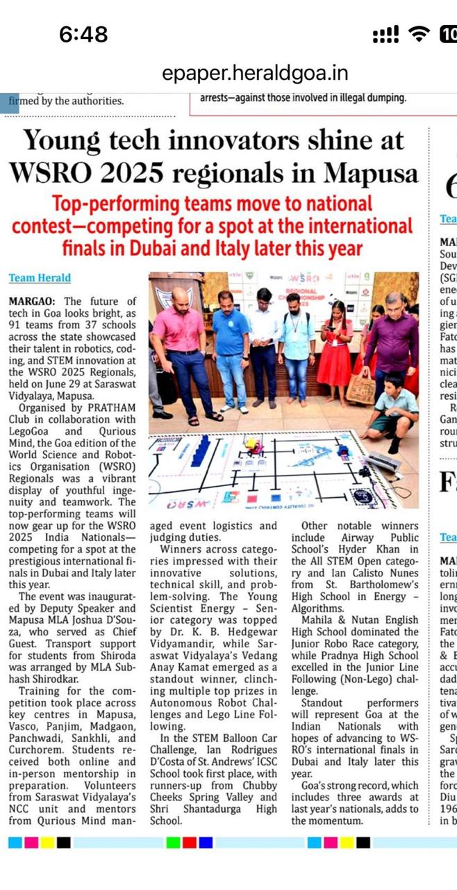 WSRO 2025 Goa Regionals Herald clipping